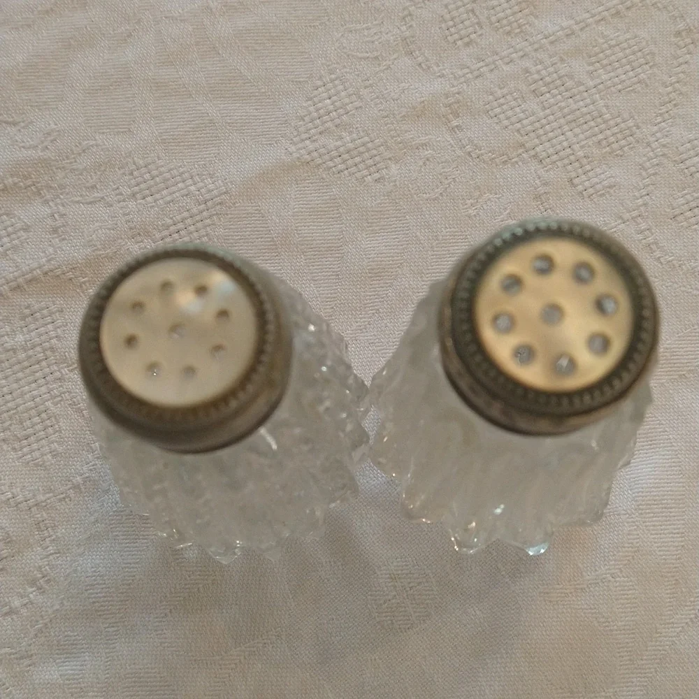 Vintage mother of Pearl silver salt pepper shakers cottagecore shabby chic